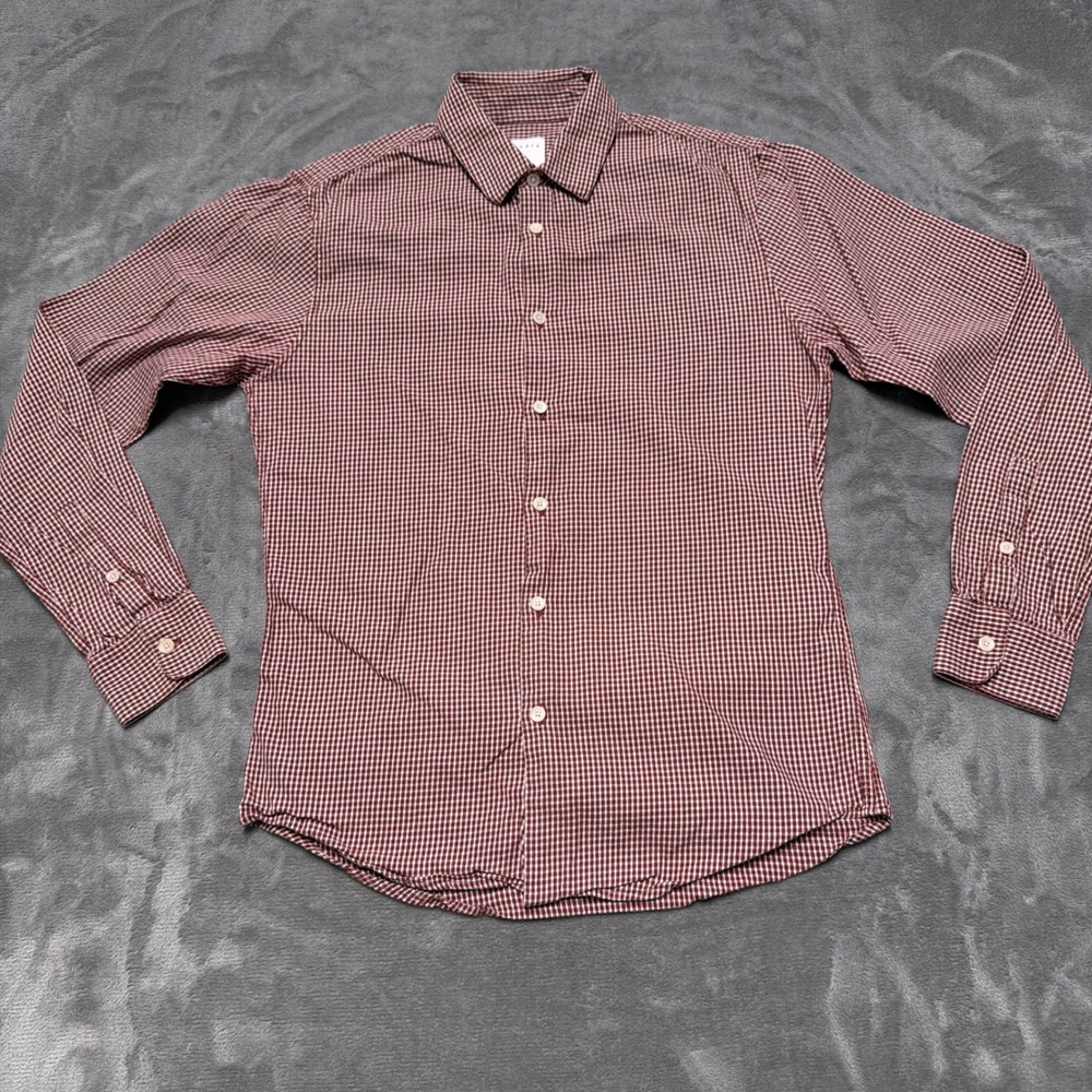 Sandro Gingham Button Down Shirt Mens XS Burgundy White Cotton Long Sleeve Slim